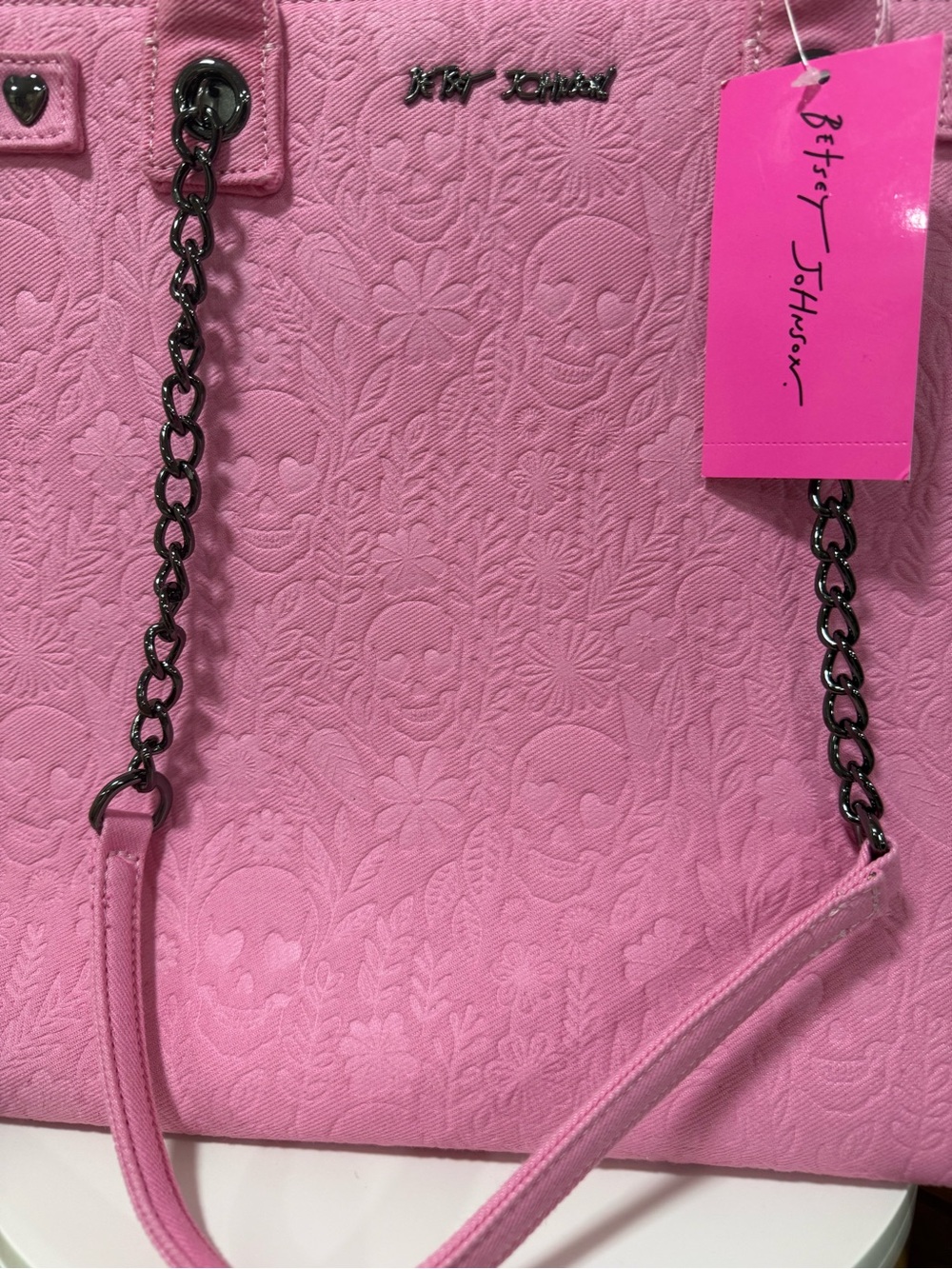 Betsey Johnson Pink Embossed Tote with Chain-Accent Straps - Picture 6 of 14